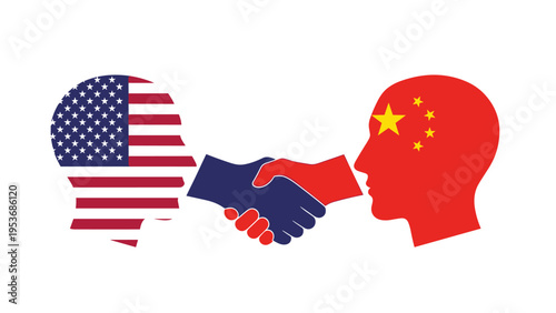 Silhouette profile of two heads featuring flags of USA and China shaking hands symbolizing international relations and cooperation.