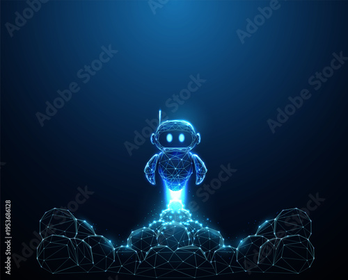 3d robot launching upward surrounded by clouds of smoke. AI startup launch, rapid deployment, technology breakthrough, innovation boost, automation activation concept.