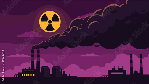 Industrial environmental pollution and nuclear energy hazard concept with power plant smoking under radioactive moon symbol.