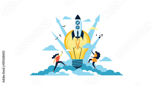 Illustration showing rocket launching from lightbulb with two people celebrating symbolizing new business ideas and startup success.