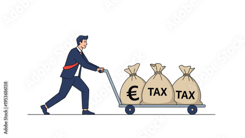 Financial tax burden illustration showing businessman pushing a cart loaded with multiple heavy bags of euro currency.