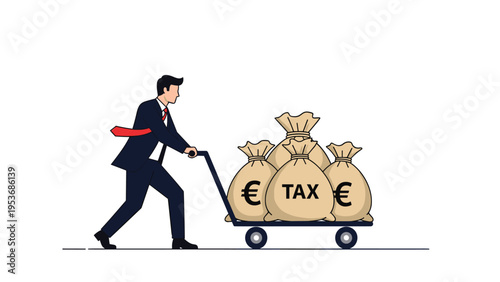 Financial tax burden concept featuring businessman pushing heavy trolley loaded with large bags of euro currency.