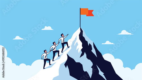 Professional teamwork and mutual support concept with business people helping each other climb high snowy mountain peak.