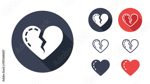 Collection of heartbreak and divorce icons in various graphic styles featuring broken hearts for emotional concept designs.