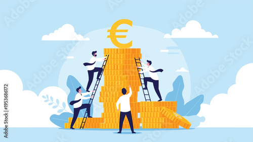 Financial ambition and career growth concept with team of business people climbing ladder up a tall stack of euro coins.