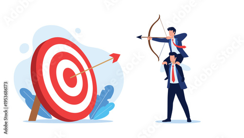 Strategic partnership and business goals concept showing one businessman on another's shoulders aiming at target.