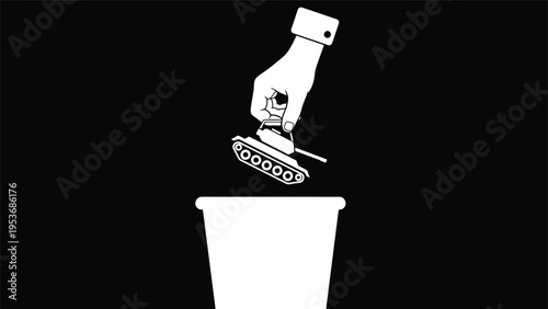 Peace advocacy and demilitarization concept showing human hand throwing a military tank into a trash bin in black and white.