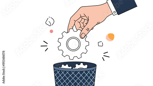 Technology obsolescence and industrial waste concept with hand throwing a white mechanical gear into a trash container.
