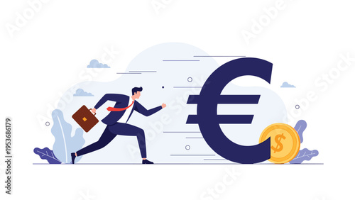 Currency chasing and financial motivation concept with businessman running after a giant rolling euro symbol and dollar coin.