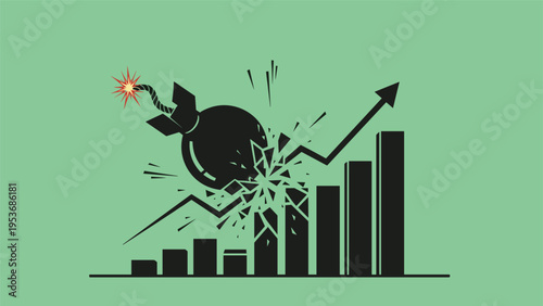 Market volatility and financial crisis concept featuring a black bomb exploding onto a rising bar chart of company growth.