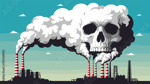 Severe industrial air pollution and toxic hazard concept with factory smoke forming a giant skull in the blue sky.