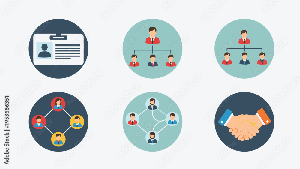 Fototapeta premium Collection of six colorful flat business icons representing identity, corporate hierarchy, networking, and a handshake.