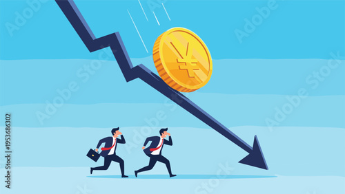 Worried businessmen running away from a giant yen coin rolling down a sharp downward trending economic chart arrow.