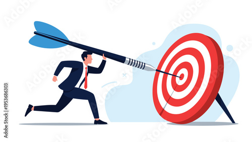Professional businessman sprinting forward to manually place a large dart directly into the bullseye of a target for success.
