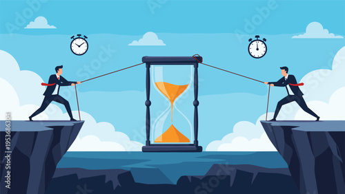 Two business rivals pulling a giant hourglass toward opposite sides of a canyon to represent the pressure of time management.