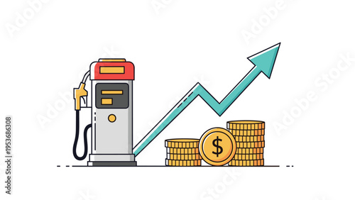 Gas station pump next to a sharp upward trending arrow and stacks of gold coins representing the rising cost of fuel.