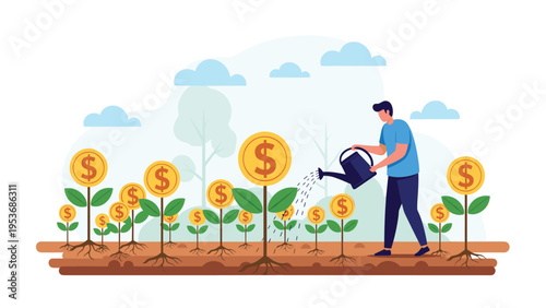 Man using a watering can to nurture a field of growing plants topped with gold dollar coins symbolizing wealth creation.