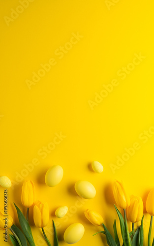 Happy Easter holiday background. Yellow Easter eggs and tulip flowers on yellow background top view. Greeting card, frame, banner. Spring theme.
