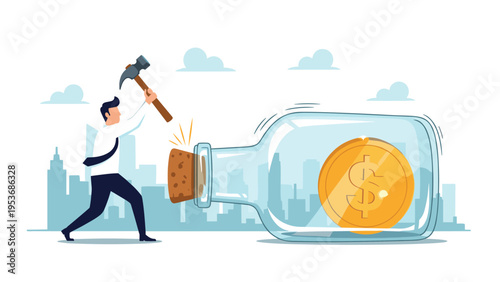 Businessman using a large hammer to break a glass bottle containing a giant gold coin to access his hidden financial savings.