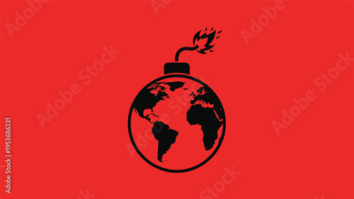 Conceptual illustration of planet earth depicted as a round bomb with a burning fuse against a solid red background.