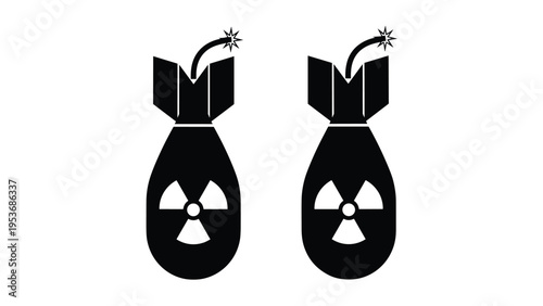 Two black silhouettes of nuclear bombs or missiles with radioactive warning symbols on a plain white background.