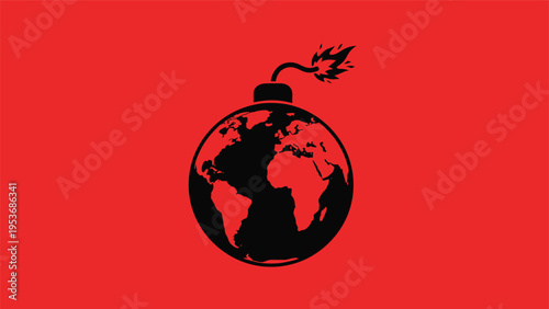 Silhouette of planet earth designed as a ticking time bomb with a lit fuse on a bright red background for warning.