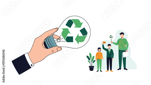 Hand holding a glass lightbulb that contains a green recycling symbol to represent sustainable energy and green ideas.