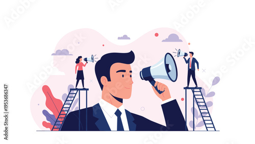 Corporate leader holding a large megaphone while employees on ladders use smaller speakers to communicate business news.