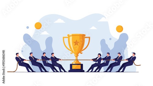 Two teams of professional businessmen engaged in a competitive tug of war over a large golden winner trophy cup.