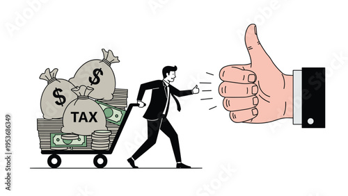 Successful businessman pulling a cart overflowing with money bags and stacks of cash toward a giant approving thumbs up.