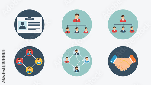 Collection of six colorful flat business icons representing identity, corporate hierarchy, networking, and a handshake.