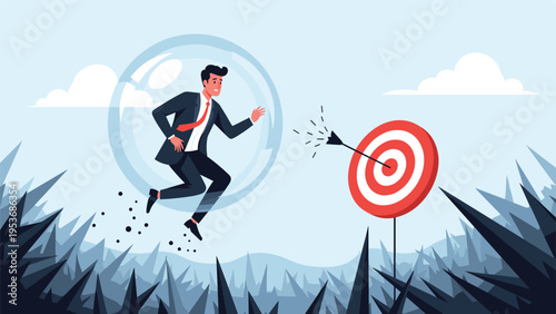 Businessman floating in a protective transparent bubble while jumping toward a red target bullseye in a spiky field.