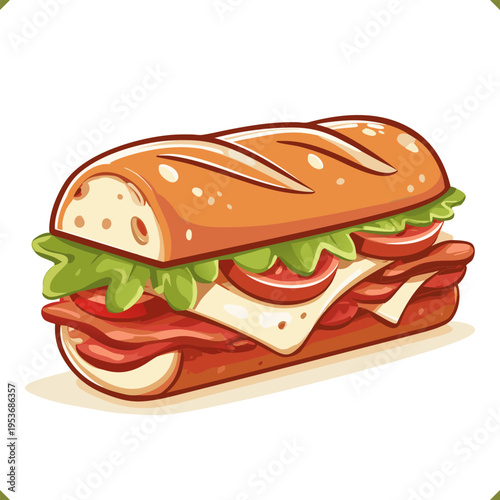 Vector illustration of a long French baguette sandwich with ham, cheese, lettuce and tomato slices isolated on a white background