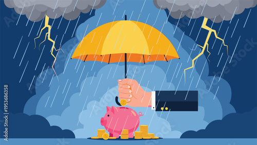 Human hand holding a large yellow umbrella to protect a pink piggy bank and coins from a thunderstorm and lightning.