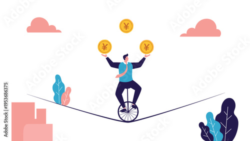Determined businessman juggling gold coins while riding a unicycle on a thin rope to symbolize financial balance and risk.
