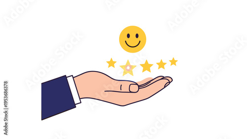 Human hand holding five golden stars and a yellow smiley face icon to represent excellent customer service and feedback.