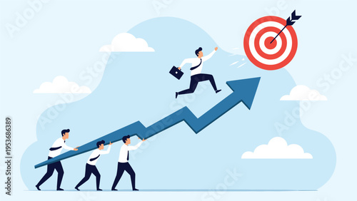 Ambitious businessman sprinting on an upward trending blue arrow held by his team toward a bullseye goal in the sky.