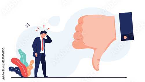 Disappointed businessman looking down in sadness next to a giant blue thumbs down symbol representing negative feedback.