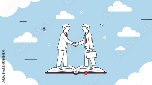 Two business professionals in suits shaking hands while standing on a large open book against a cloudy blue sky.