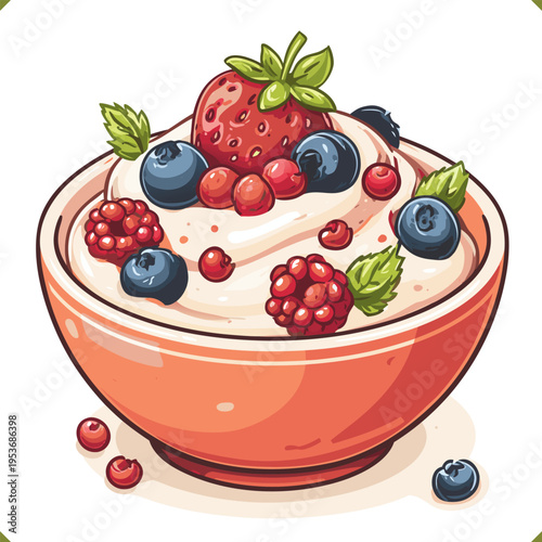 Vector illustration of yogurt bowl topped with strawberries, blueberries, raspberries and mint leaves, healthy breakfast dessert, isolated on a white background