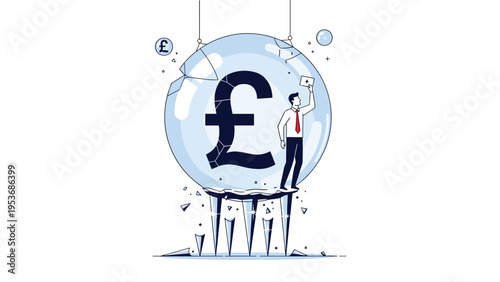 Professional businessman standing on a large pound sterling symbol inside a cracking glass sphere representing economic fragility.