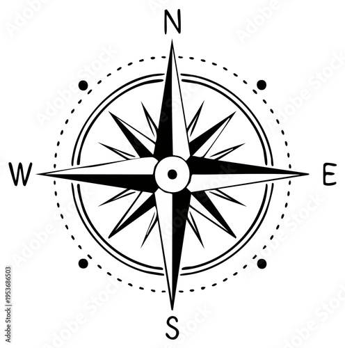 A simple black and white compass rose illustration showing cardinal directions for navigation exploration and cartography