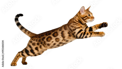 Fotografie Bengal cat with striking spotted and striped fur, captured mid-air in a leap, an