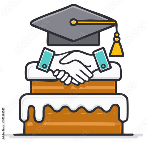 Graduation cake with mortarboard and handshake symbolizes career commencement and business partnership