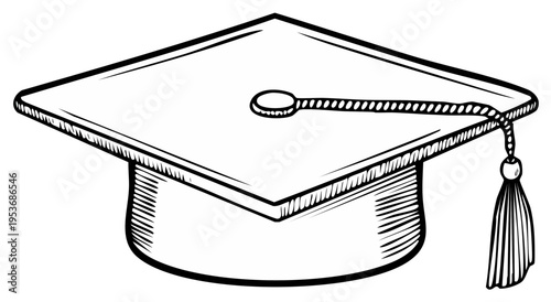 Graduation cap doodle with tassel, education diploma hat drawing graduation degree sketch, certificate graphic