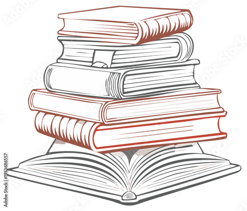Classic line art drawing of a tall stack of old books resting on an open volume for study