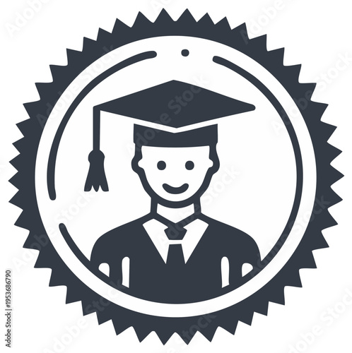 Vector icon of a smiling graduate student in a cap and gown inside a circular award seal or emblem.