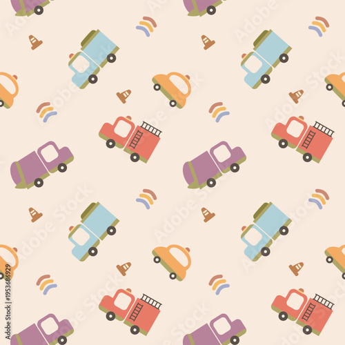 Vehicle colorful cartoon so cute. On car truck traffic cone rainbow background. Pattern seamless vector illustration