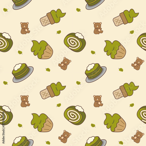 Cupcake green tea cartoon so cute. On roll cake ice cream pancake bear leaf background. Pattern seamless vector illustration. 