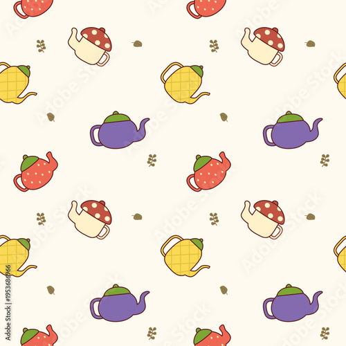 Teapot fruit cartoon so cute. On strawberry mangosteen pineapple mushroom leaf background. Pattern seamless vector illustration. 
